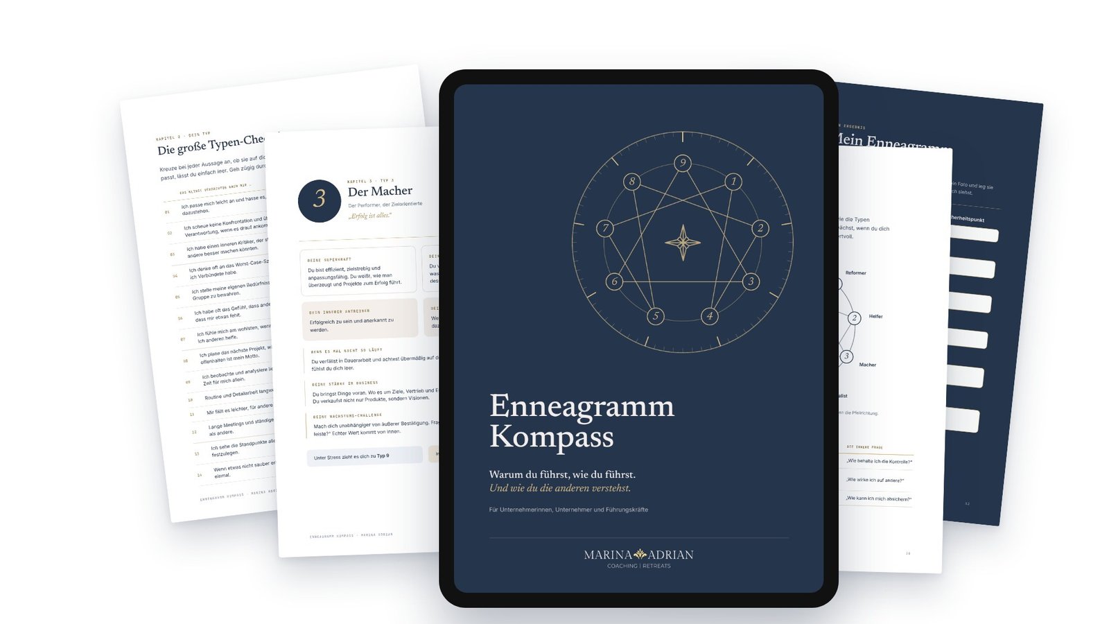 Einblick in das Workbook Enneagramm Kompass: Cover auf dem Tablet, Typen-Checkliste, Typenprofil, Enneagramm-Chart und Ergebnisseite