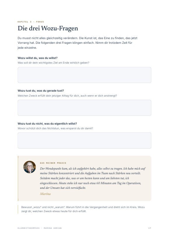 Workbook-Seite Die drei Wozu-Fragen