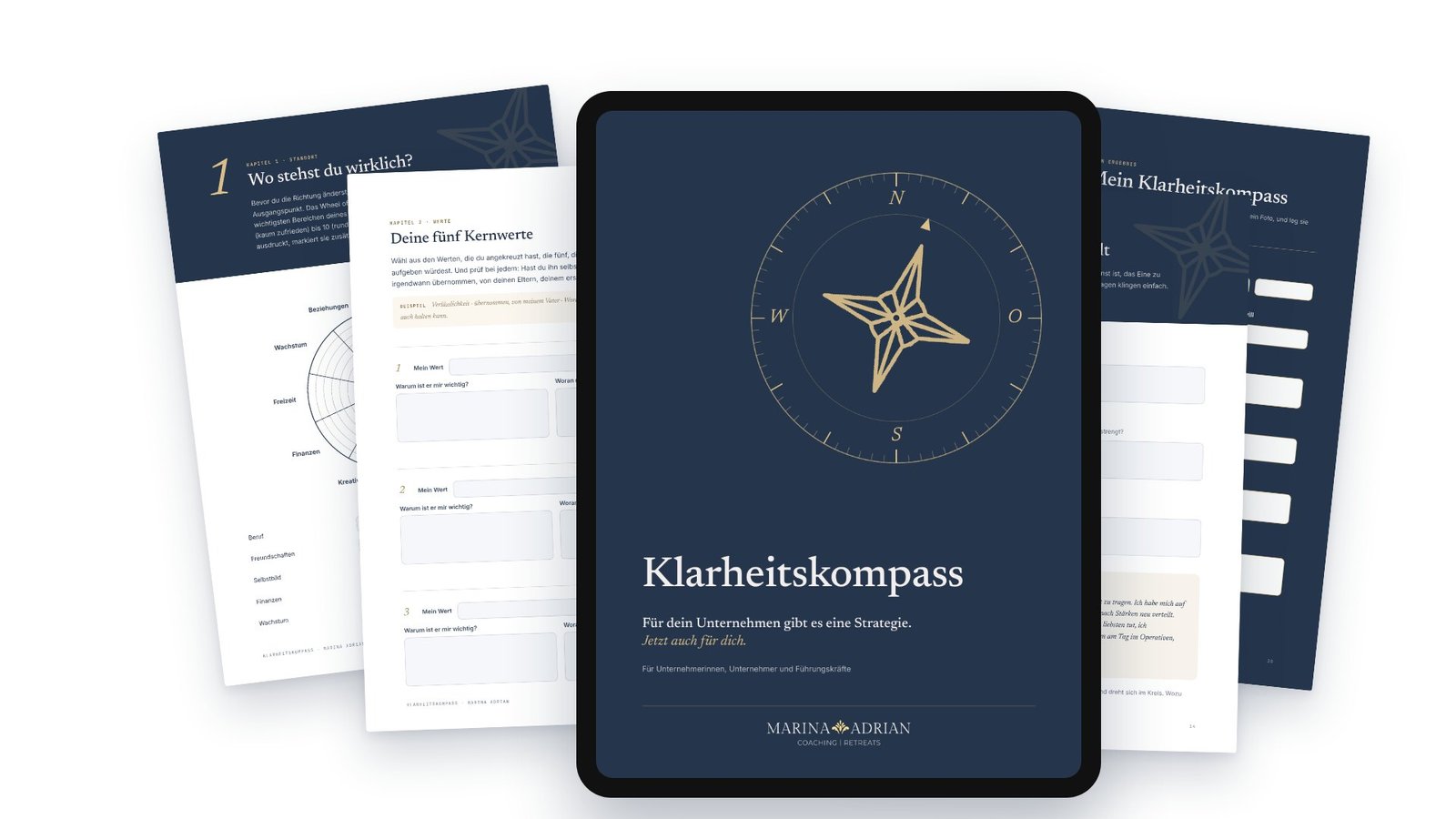 Einblick in das Workbook Klarheitskompass: Wheel of Life, Werteseiten, Inhaltsverzeichnis, Cover auf Laptop und Tablet